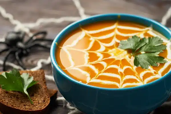 Halloween recept spinnenweb pompoensoep