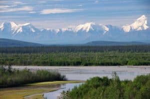 Rivierlandschap bij Tok Alaska met besneeuwde bergen