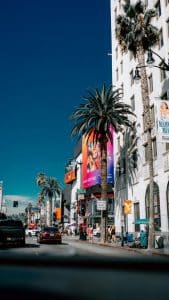 Hollywood Boulevard winkelgebied met palmbomen