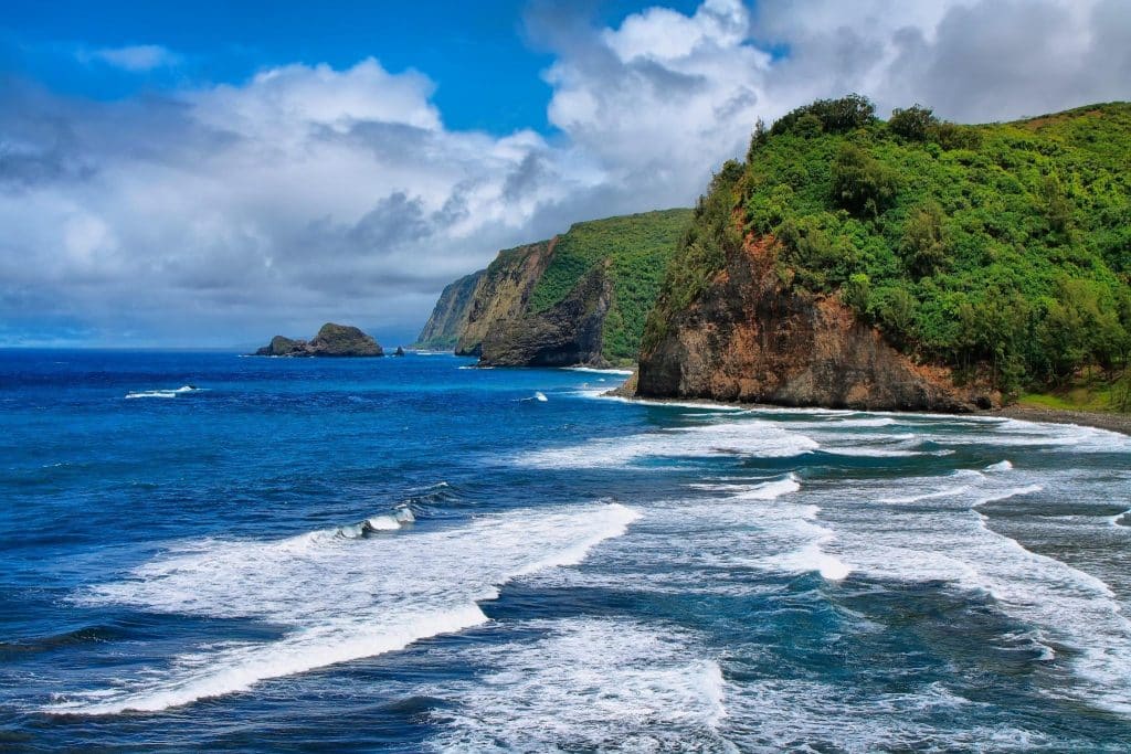 Kliffen en branding aan noordkust van Big Island, Hawaii