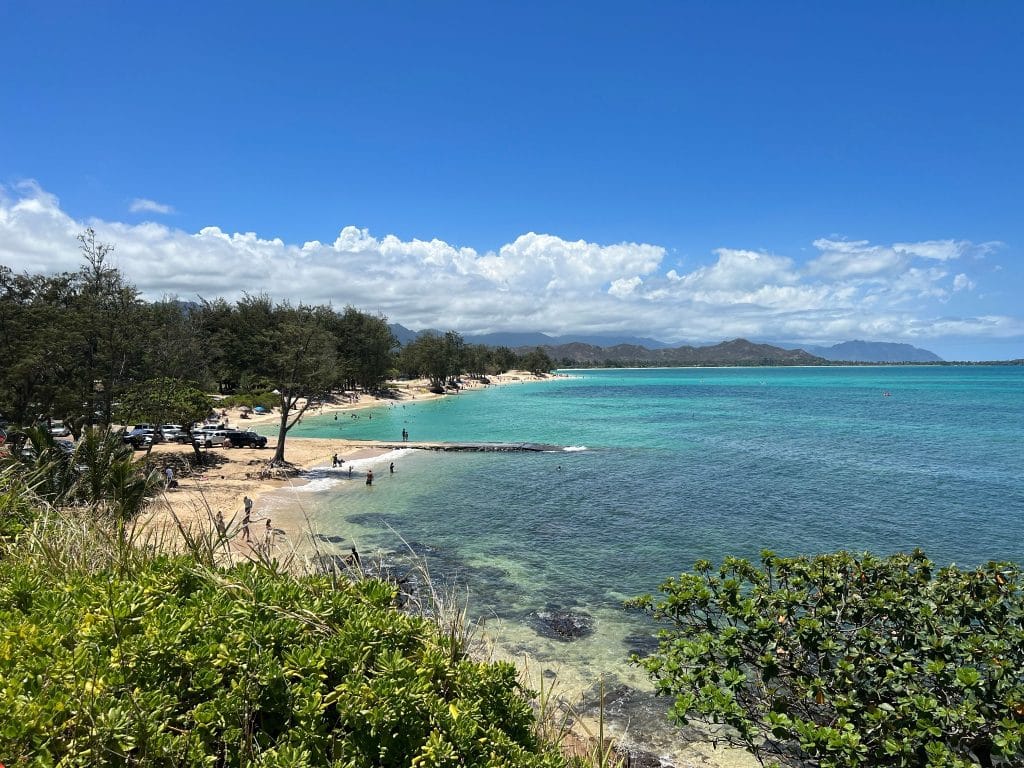 Zandstrand in Hilo met blauwe zee en groene bossen
