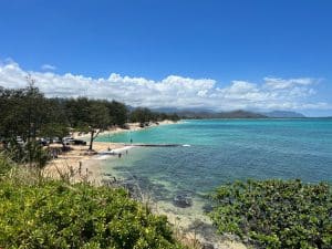 Zandstrand in Hilo met blauwe zee en groene bossen