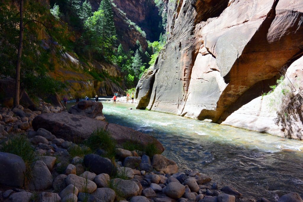 Hikers in The Narrows in Zion National Park, Utah
