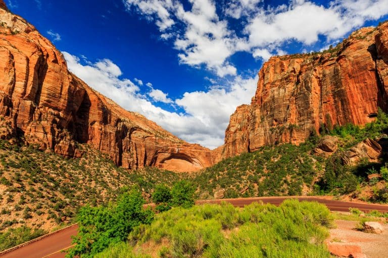 Rotswanden en bochtige weg in Zion National Park, Utah