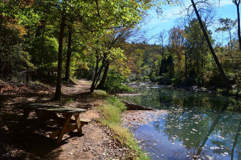 Wandelpad met picknickbank langs rivier in Tuscaloosa, Alabama