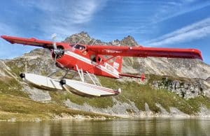 Watervliegtuig vliegt laag bij meer in Denali, Alaska