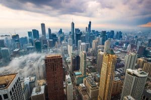 Skyline van Chicago Illinois op een bewolkte dag