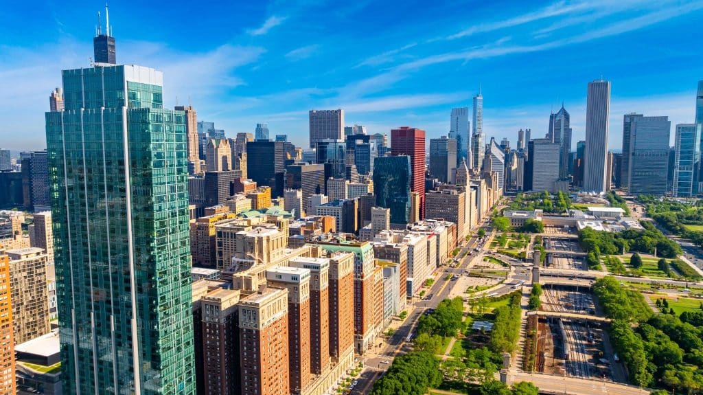 Skyline van Chicago Illinois met grasvelden op voorgrond