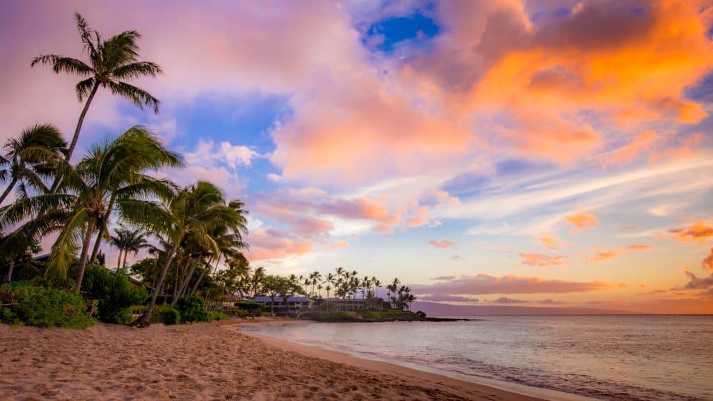 Zonsondergang strand met palmbomen op Kauai Hawaii