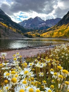 Maroon Bells met wilde bloemen in Aspen, Colorado