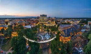 Avondpanorama Greenville South Carolina met brug en skyline