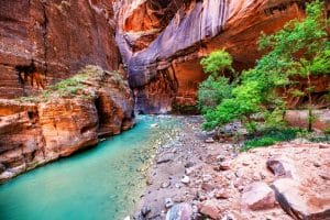 Virgin River stroomt door kloof bij Springdale, Utah