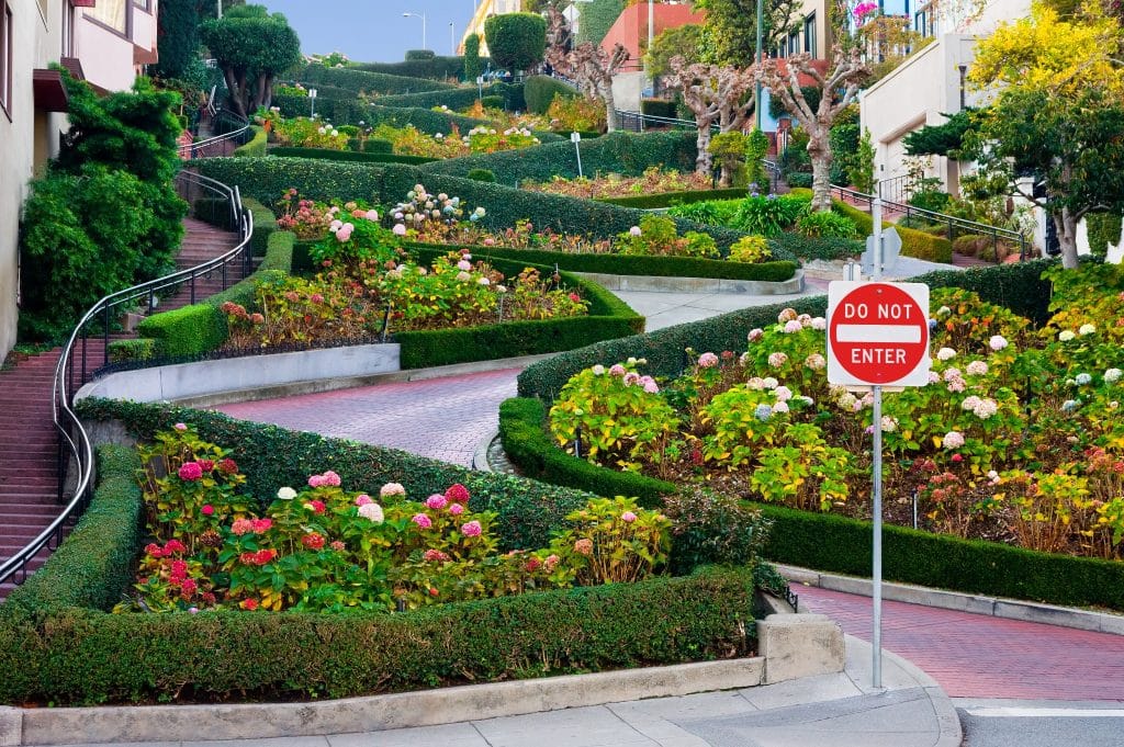 Lombard Street met bloemen in San Francisco, California