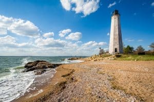 Vuurtoren bij strand in New Haven Connecticut