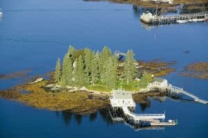 Luchtfoto van bebost eiland met huizen bij Boothbay Harbor, Maine