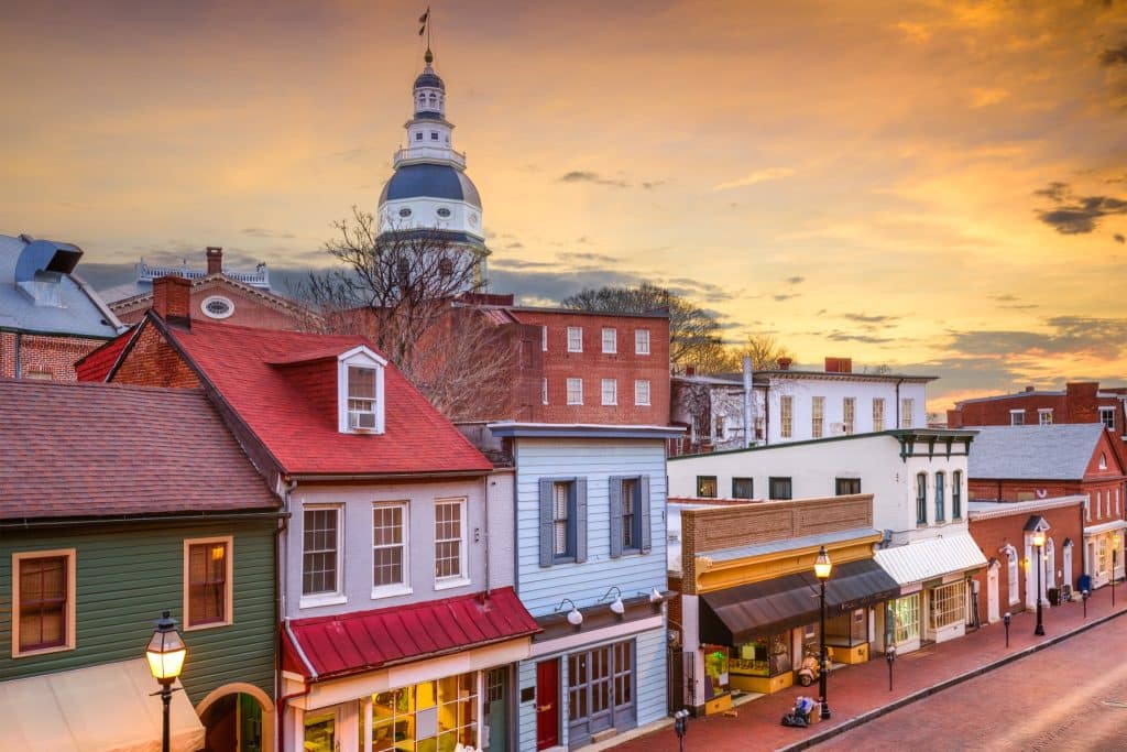 Historisch centrum Annapolis Maryland bij zonsondergang