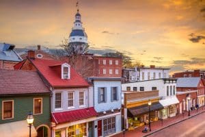 Historisch centrum Annapolis Maryland bij zonsondergang