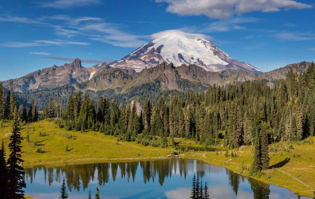 Alpien meer met besneeuwde Mount Rainier in Washington