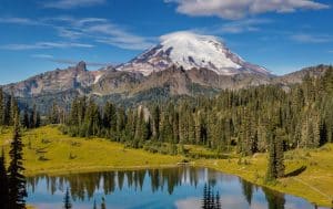 Alpien meer met besneeuwde Mount Rainier in Washington