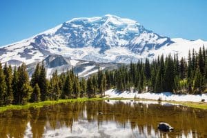 Alpien meer en groene heuvels bij Mount Rainier in Washington