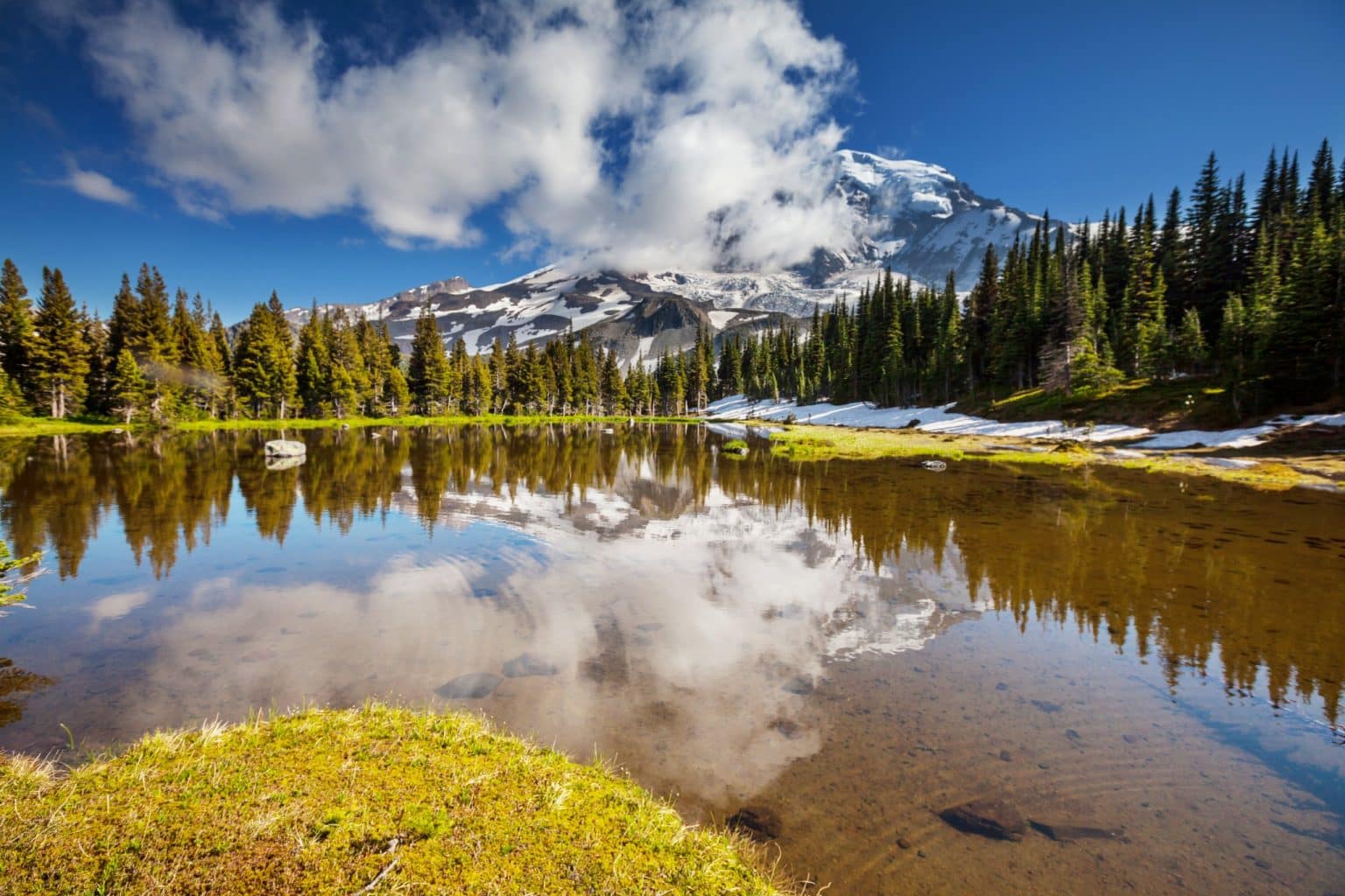 Meer met besneeuwde Mount Rainier in Washington