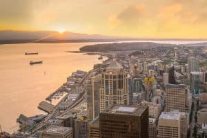 Centrum van Seattle Washington bij zonsondergang