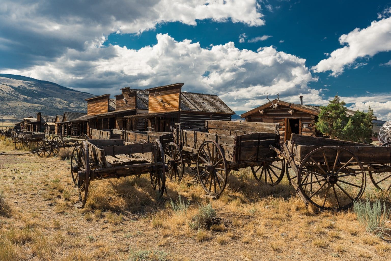 Oude houten wagens en gebouwen in Cody Wyoming