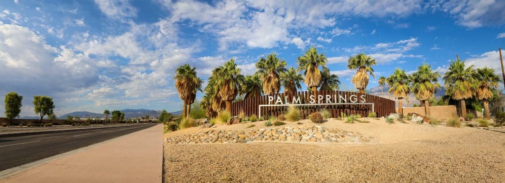 Palmbomen met Palm Springs letters op achtergrond