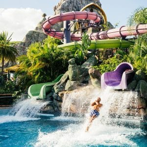 Waterglijbanen tussen palmbomen in Volcano Bay Orlando Florida