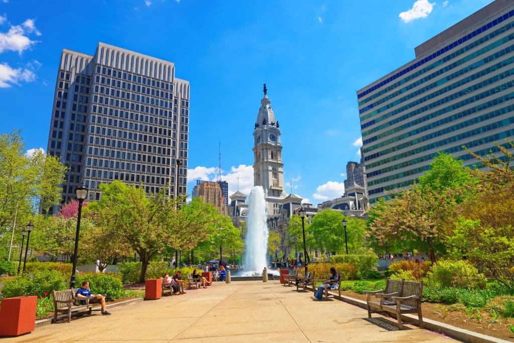 Fontein bij Dilworth Park met Philadelphia City Hall