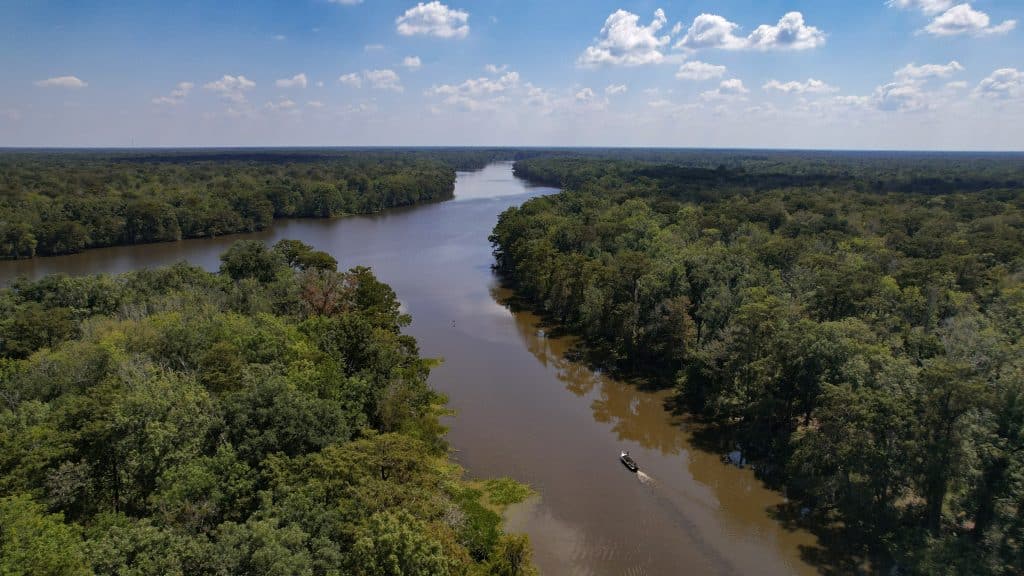 Luchtfoto van moeras in Louisiana met een kleine boot