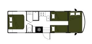 Plattegrond van de Mighty Class C Large camper in nachtindeling met bedden uitgeklapt