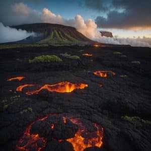 Langs de vulkanen van Amerika: Lavaveld met actieve vulkaan op Big Island, Hawaii