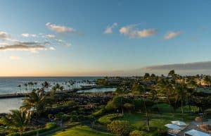 Kustlijn met palmbomen bij Waikoloa Beach op Hawaï