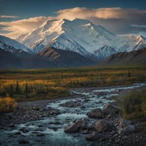 Denali National Park Alaska met rivierdal, bergen en dramatische wolken