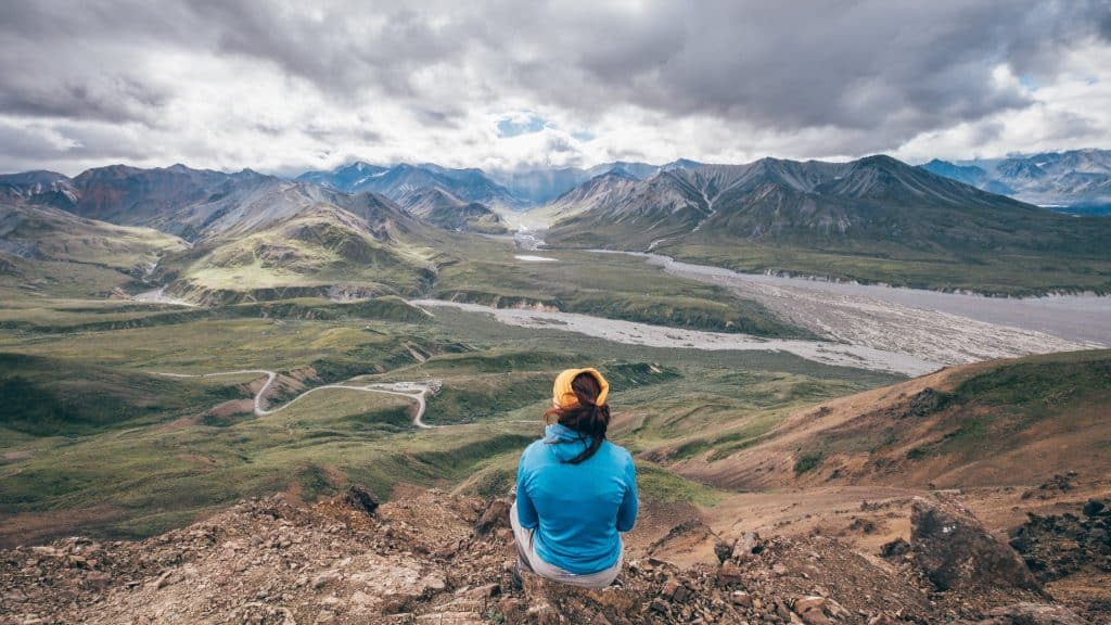 Denali National Park Alaska met persoon op uitzichtpunt boven vallei