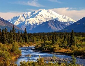 Denali met rivier en bos in Alaska