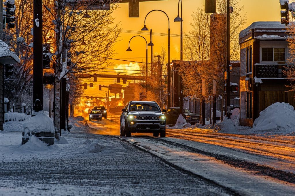 Fairbanks Alaska straat bij zonsopkomst