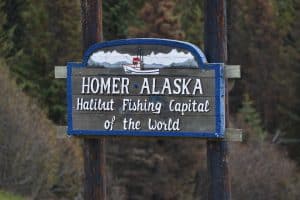 Welkomstbord Homer Alaska halibut fishing capital