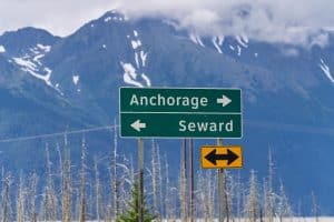 Seward Alaska verkeersbord richting Anchorage en Seward