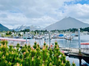 Jachthaven met boten en bergen in Sitka