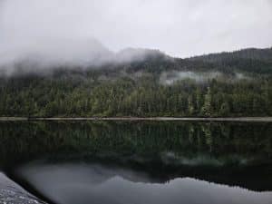 Mist boven bos en spiegelend water in Sitka