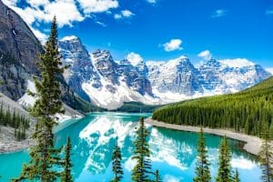 Turquoise meer met bergen en bos in Alaska