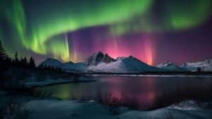Noorderlicht boven bergen en meer in Alaska