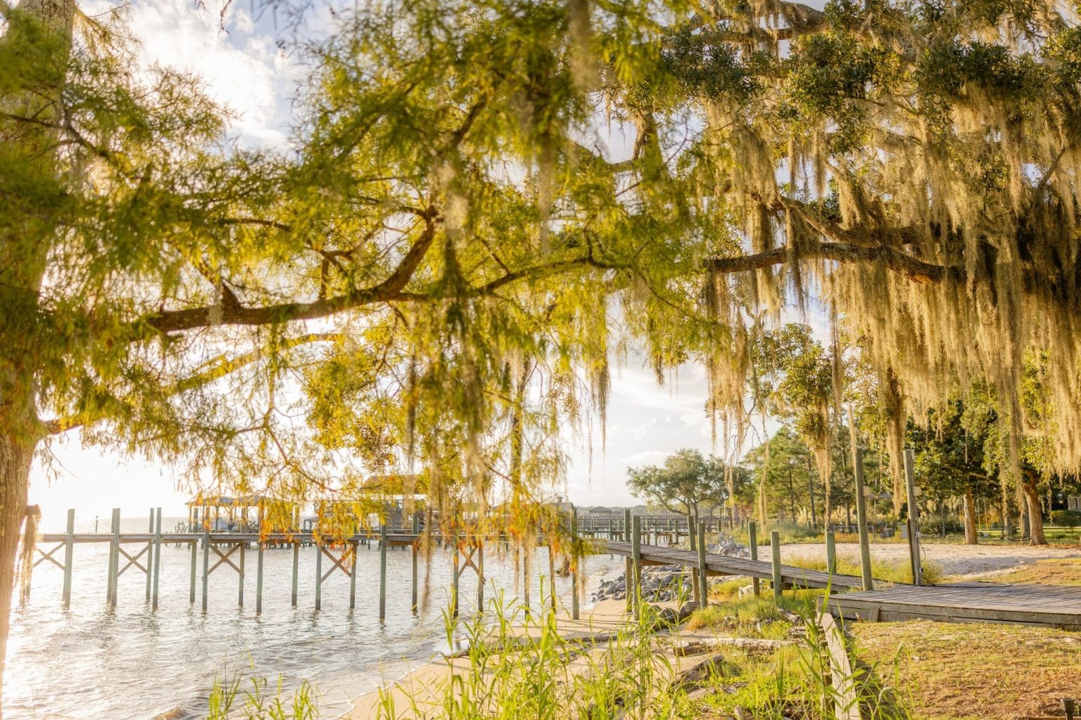 Bomen en steiger aan water Fairhope Alabama