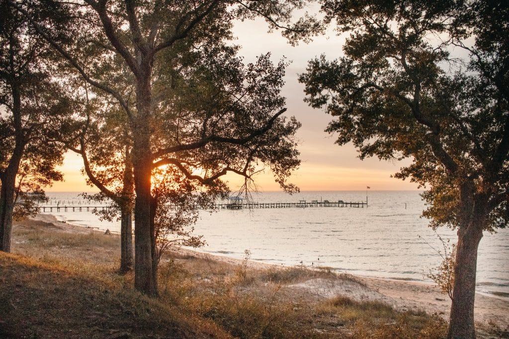 Zonsondergang bij pier en bomen in Fairhope Alabama