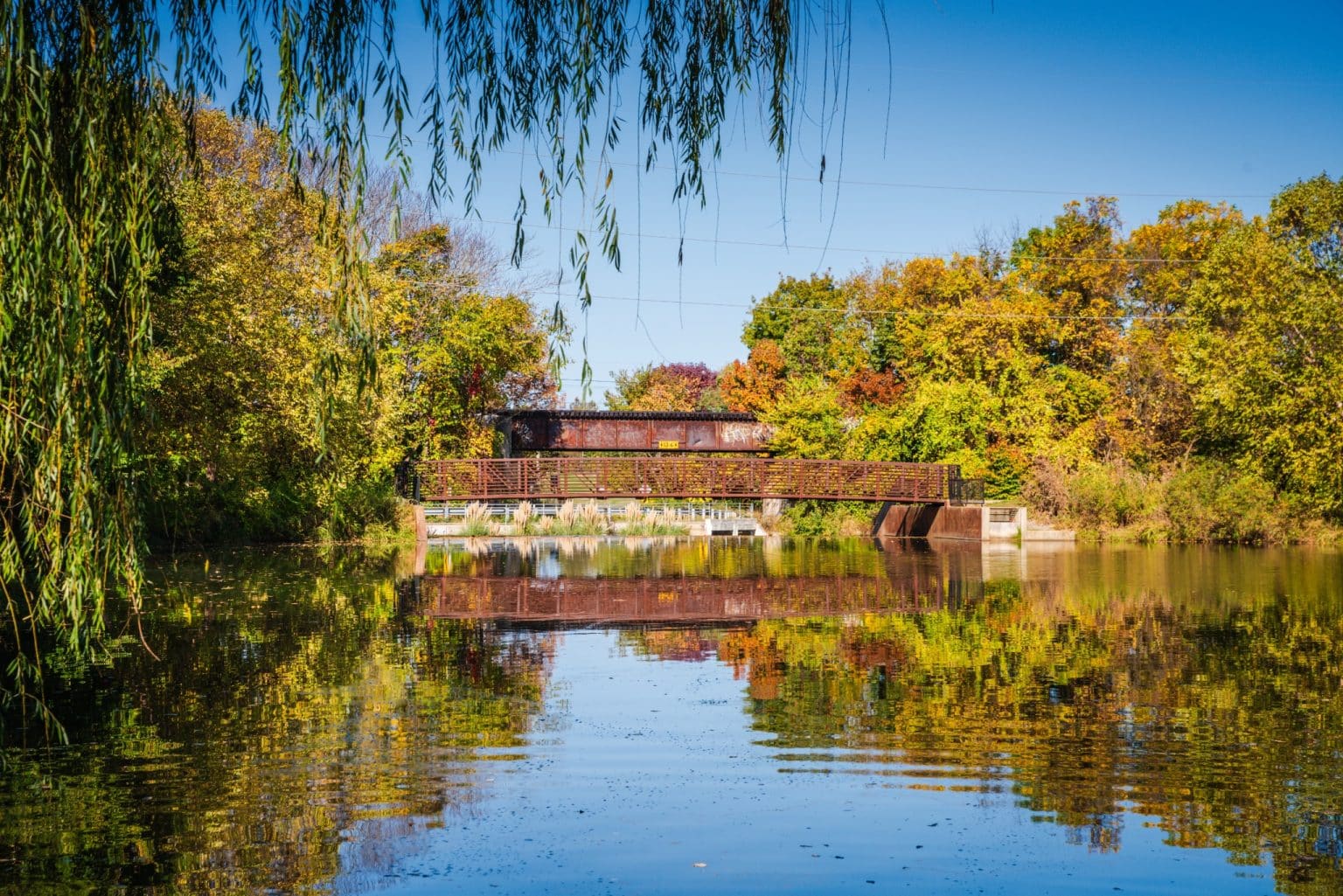 Park met brug en herfstkleuren in Springfield Missouri