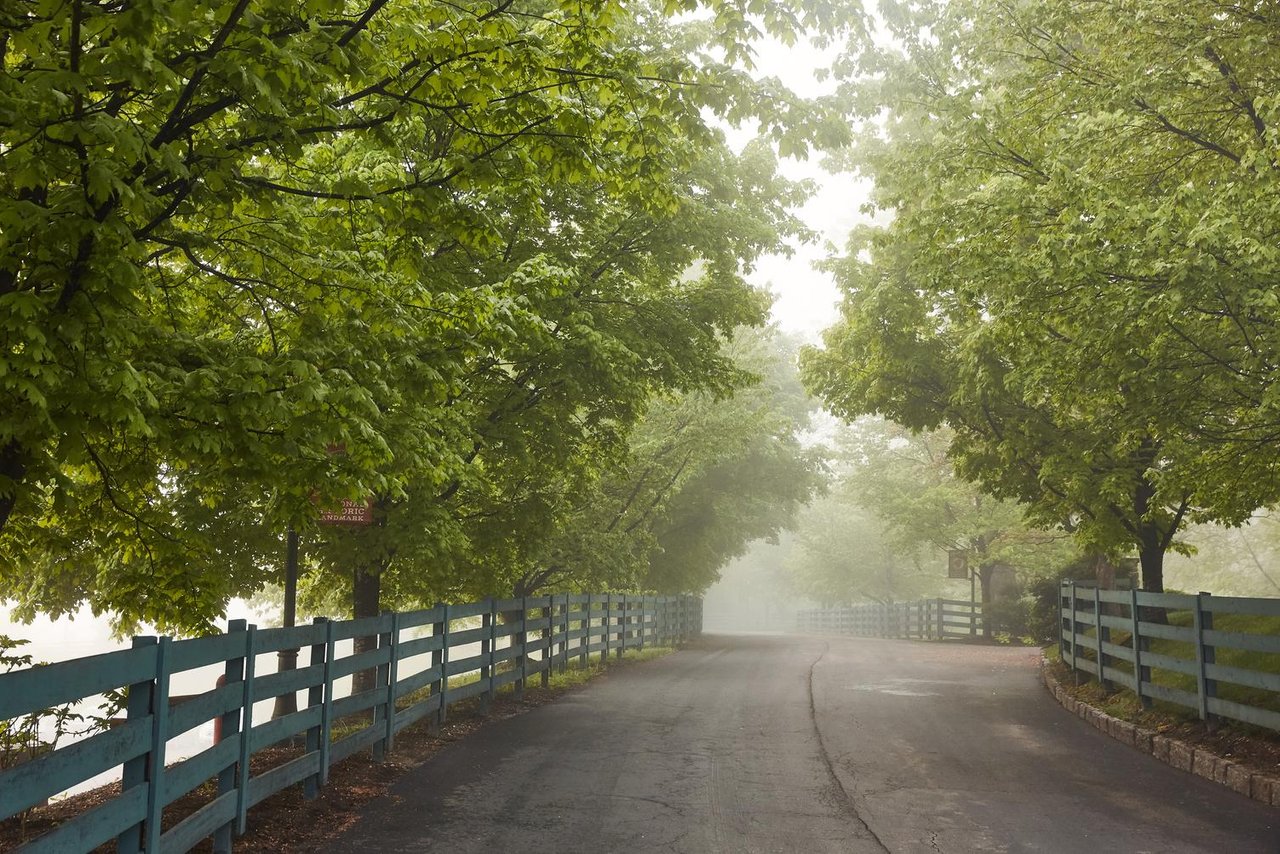 Landweg met bomen en hekken in Frankfort Kentucky