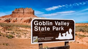 Welkomstbord van Goblin Valley State Park bij Green River in Utah