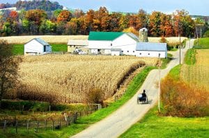 Landweg door Amish boerderij gebied in Ohio